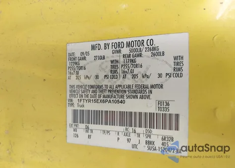 2006 Ford Ranger Fx4 Off-Road/Sport/Xl/Xlt из США, поврежденный, VIN 1FTYR15EX6PA10540